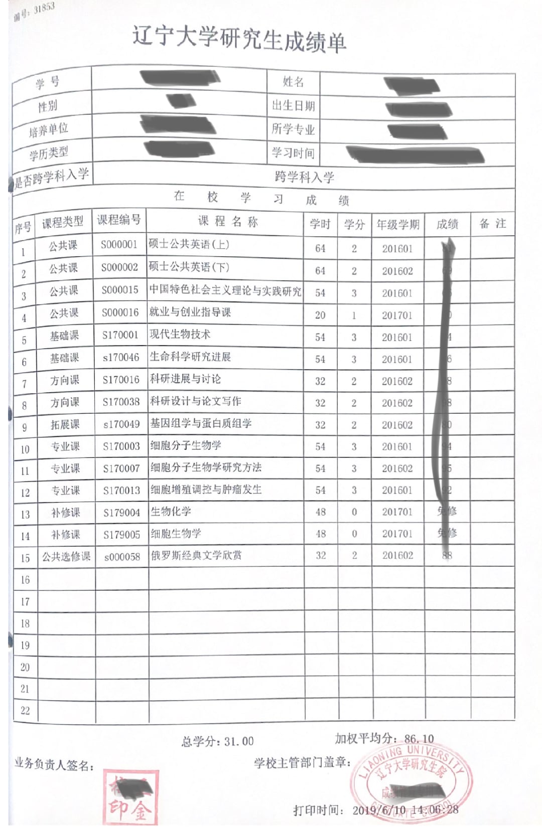 辽宁大学研究生成绩单